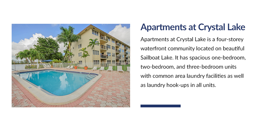 Apartments at Crystal Lake is a four-storey waterfront community located on beautiful Sailboat Lake. It has spacious one-bedroom, two-bedroom, and three-bedroom units with common area laundry facilities as well as laundry hook-ups in all units.